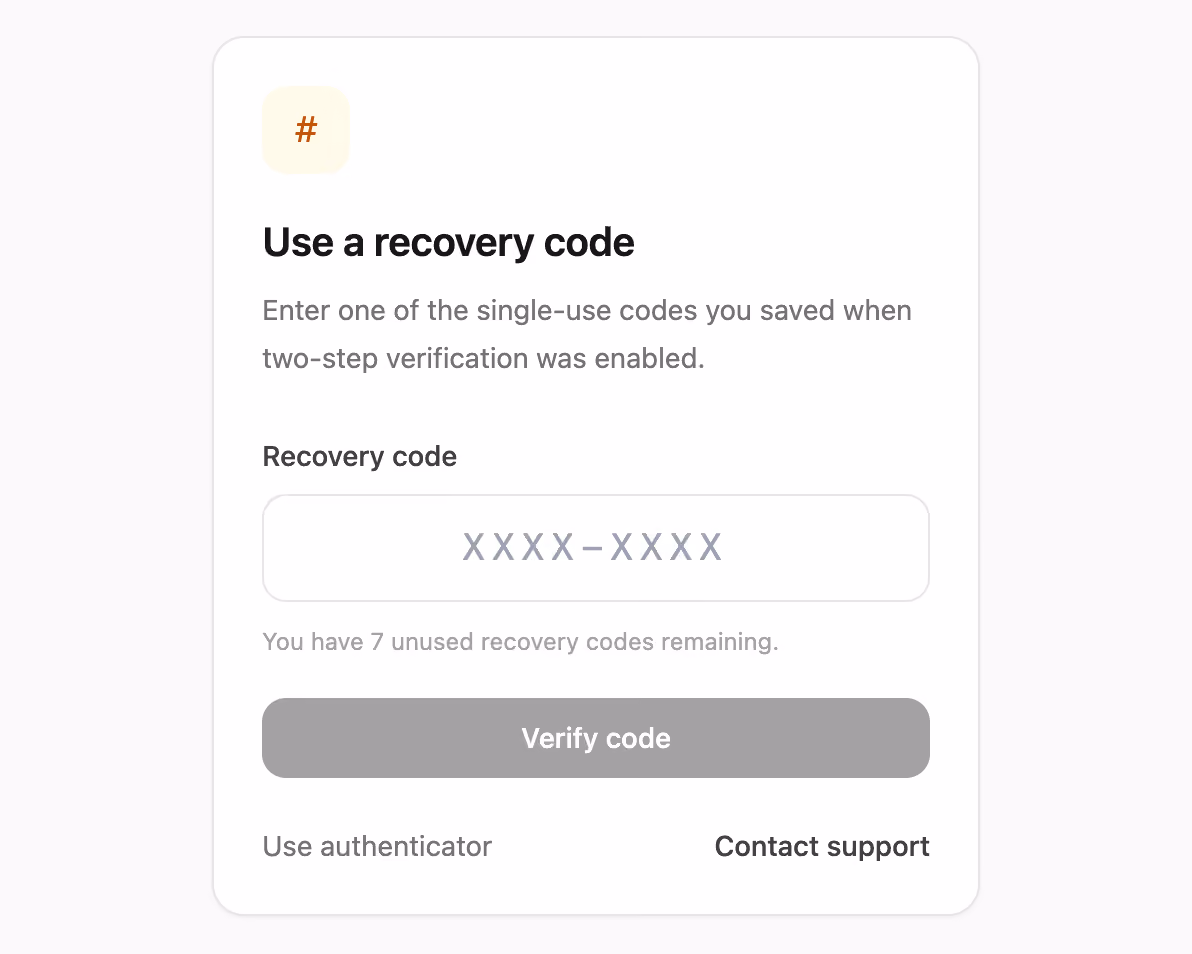 Recovery code sign-in 미리보기