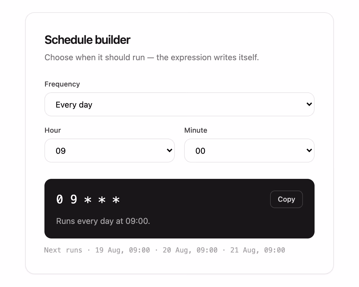 Cron schedule builder 미리보기