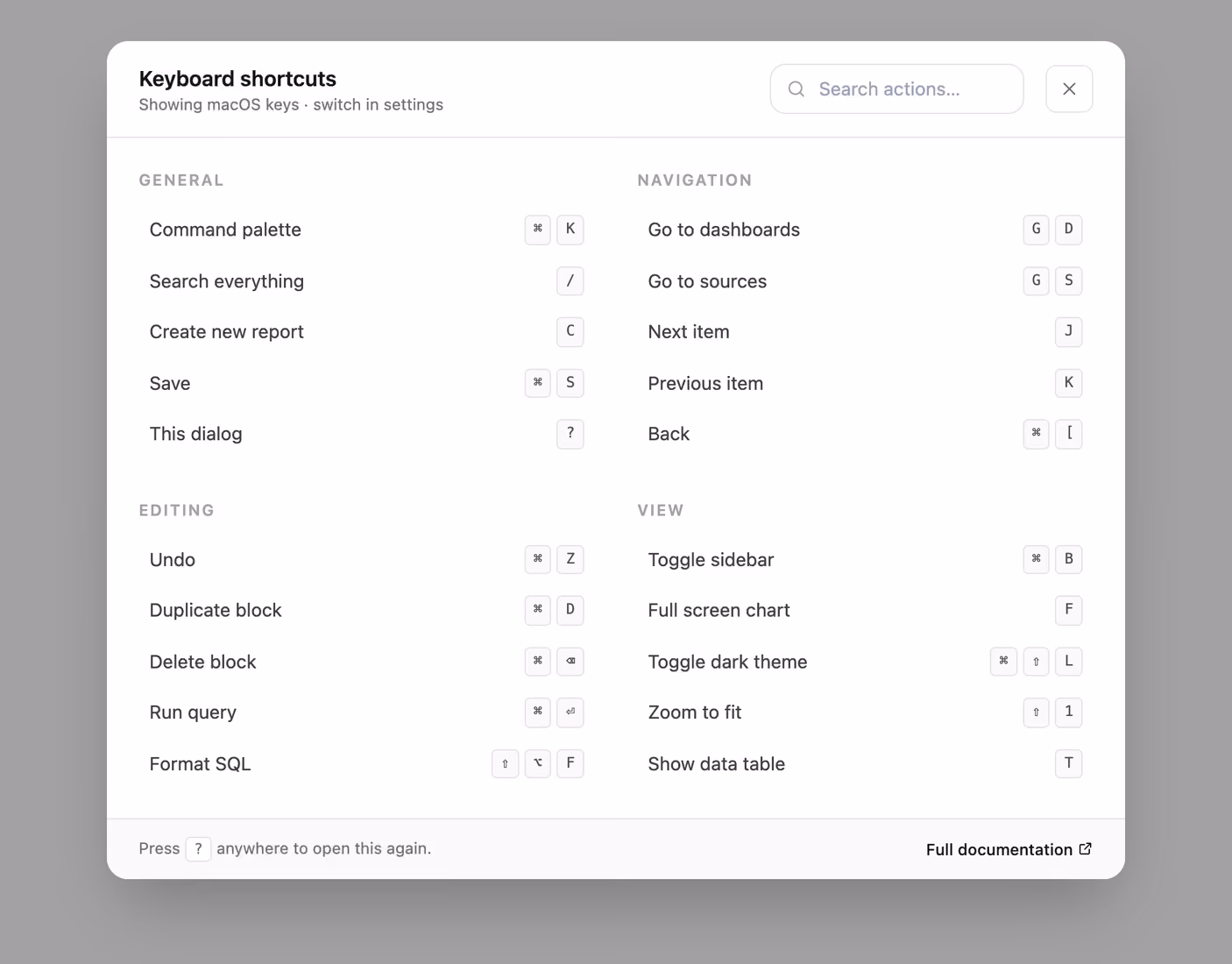 Keyboard shortcuts sheet 미리보기