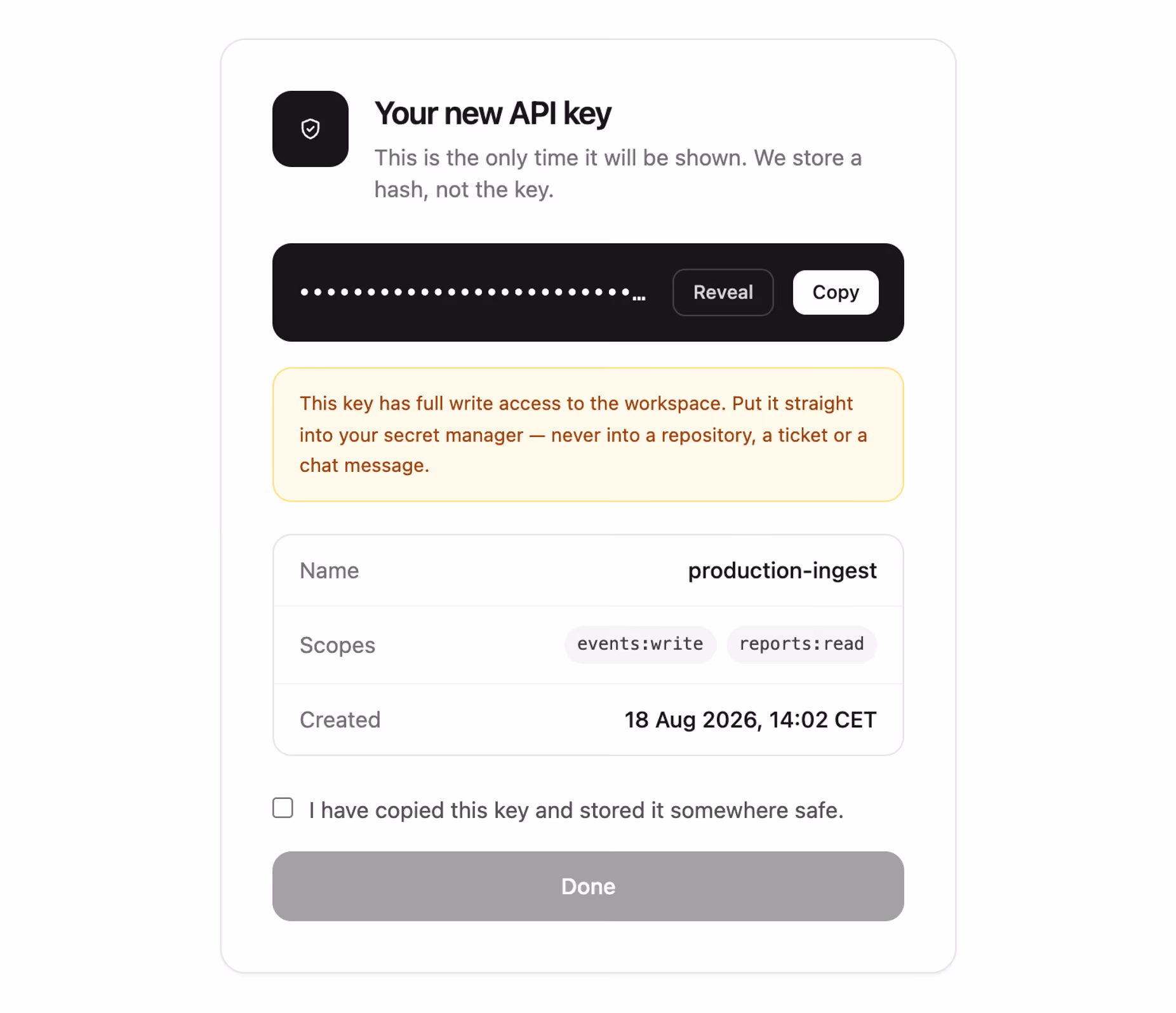 One-time API key reveal 미리보기