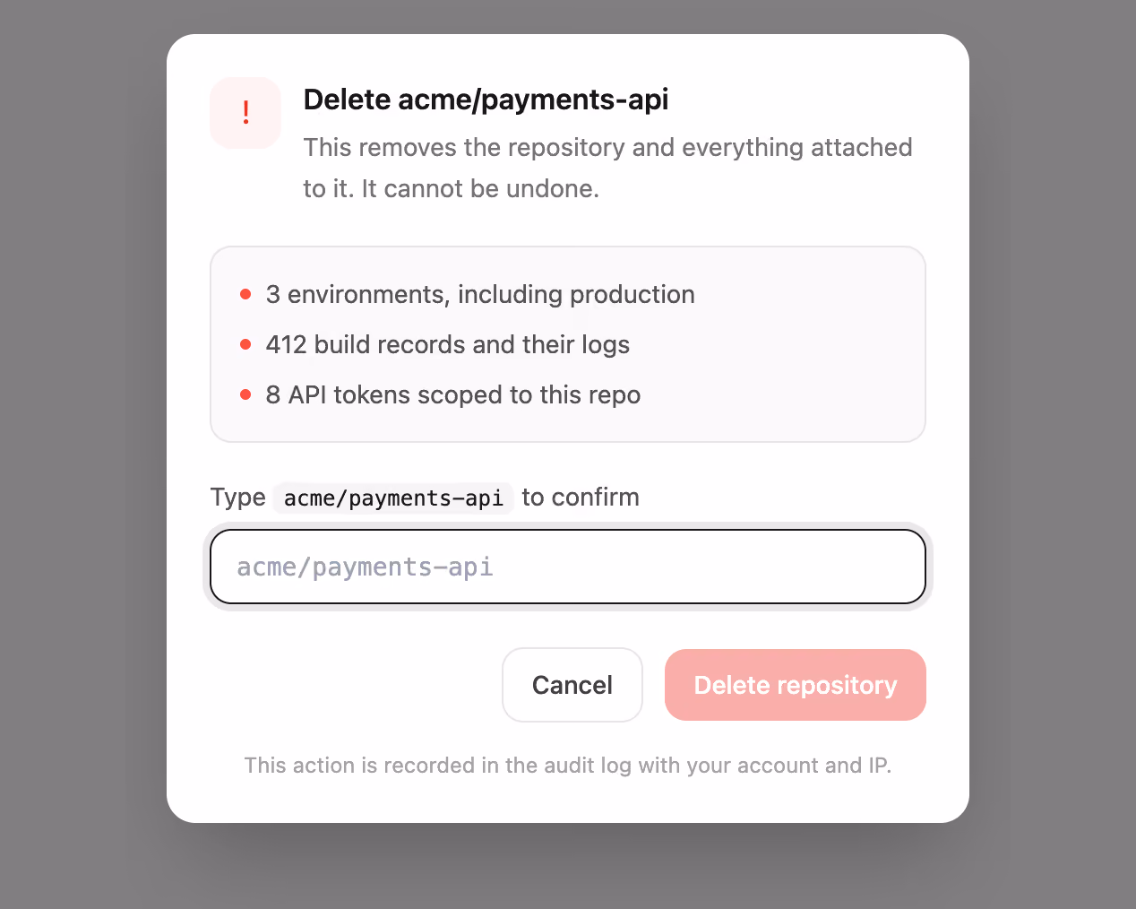 Type-to-confirm delete dialog 미리보기