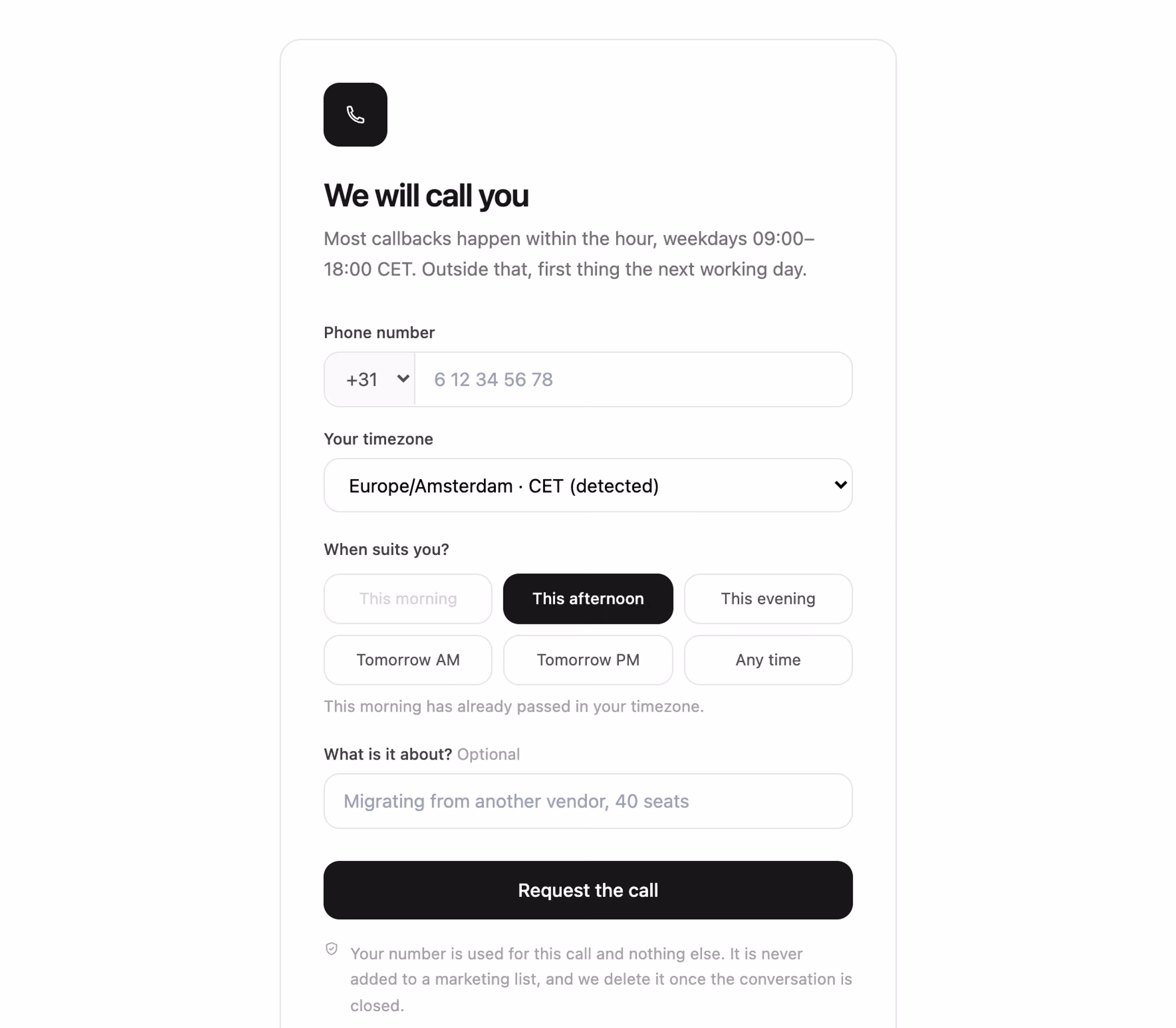 Request a callback 카드 미리보기