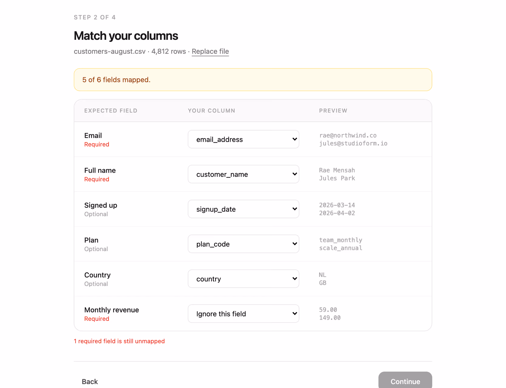 CSV column mapping step 미리보기
