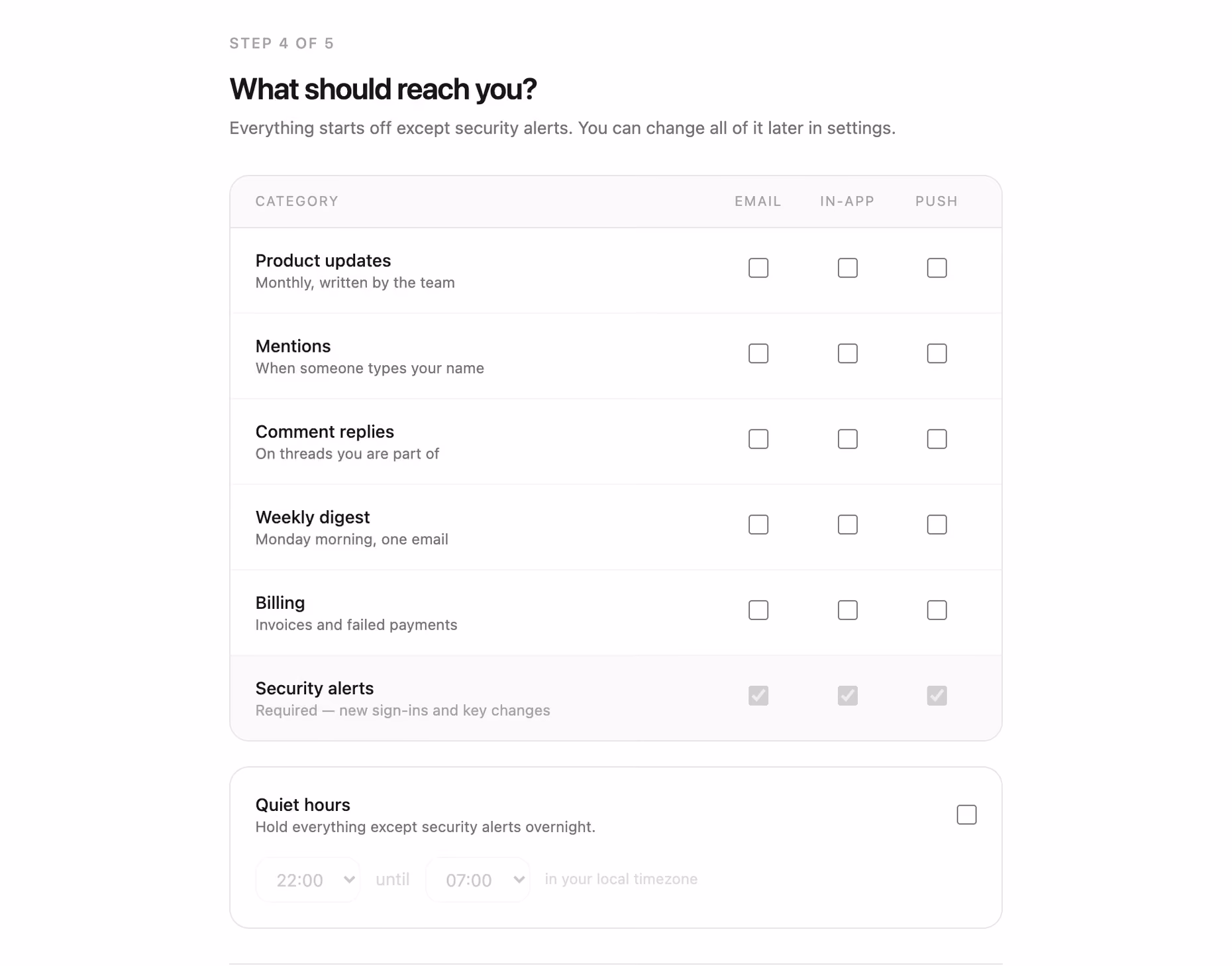 Notification preferences step 미리보기